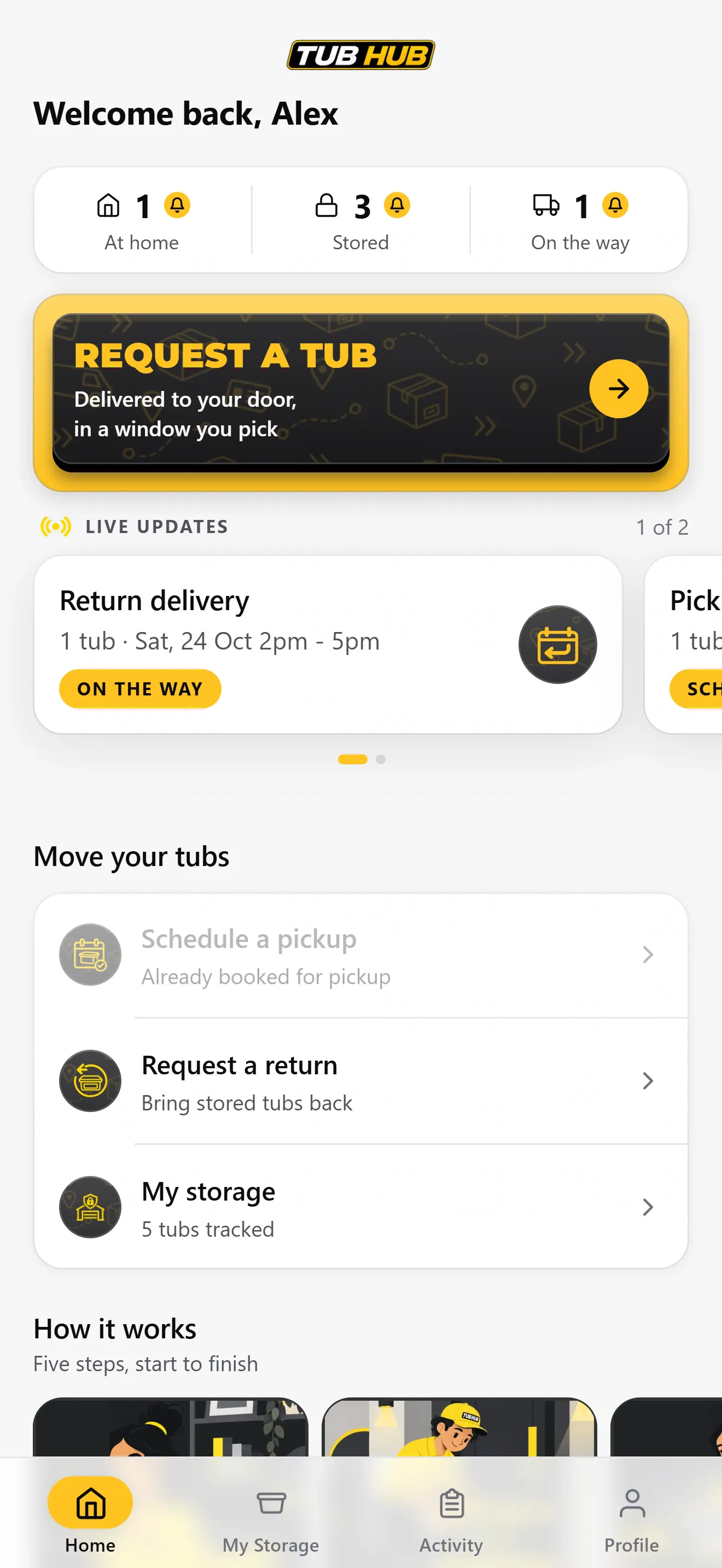 TubHub app home screen with tubs at home, in storage and on the way, plus shortcuts to request tubs, schedule pickups and request returns.