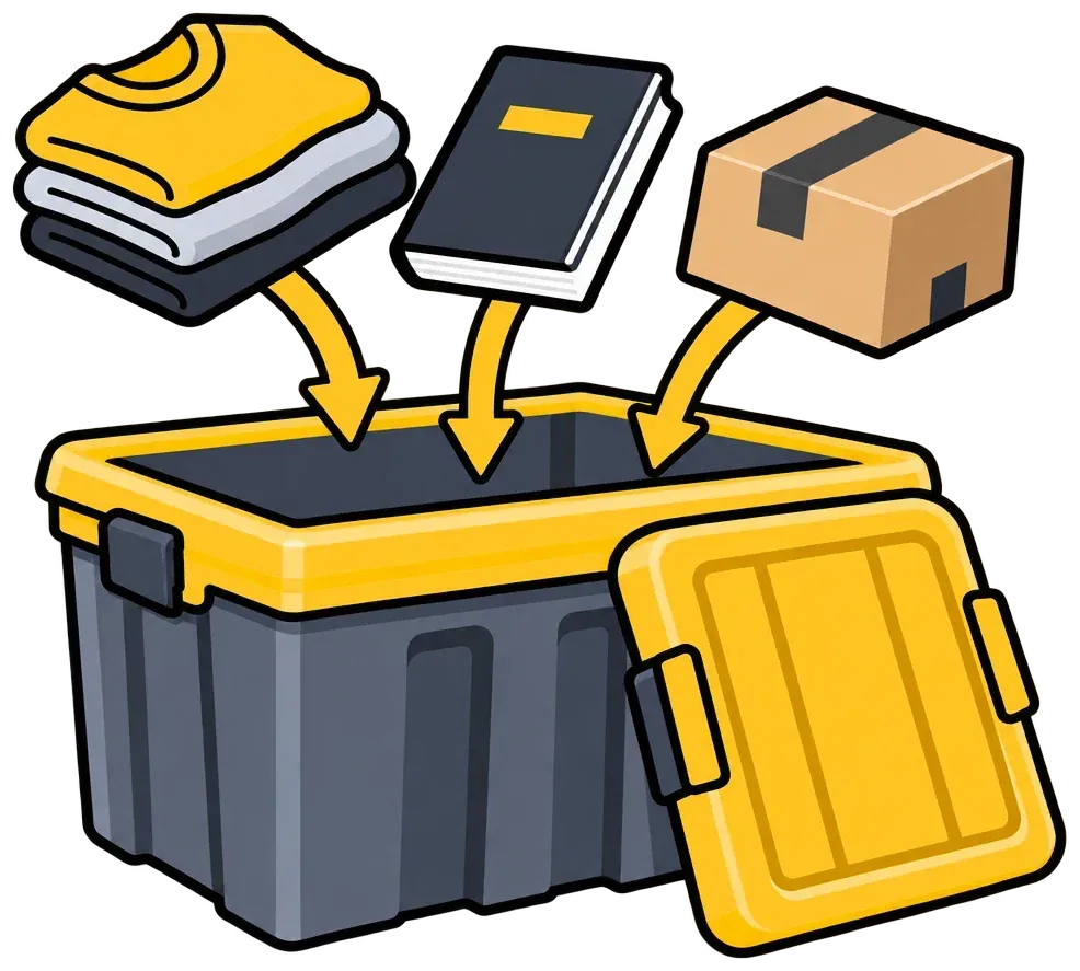 Folded clothes, a book and a box dropping into an open TubHub tub.