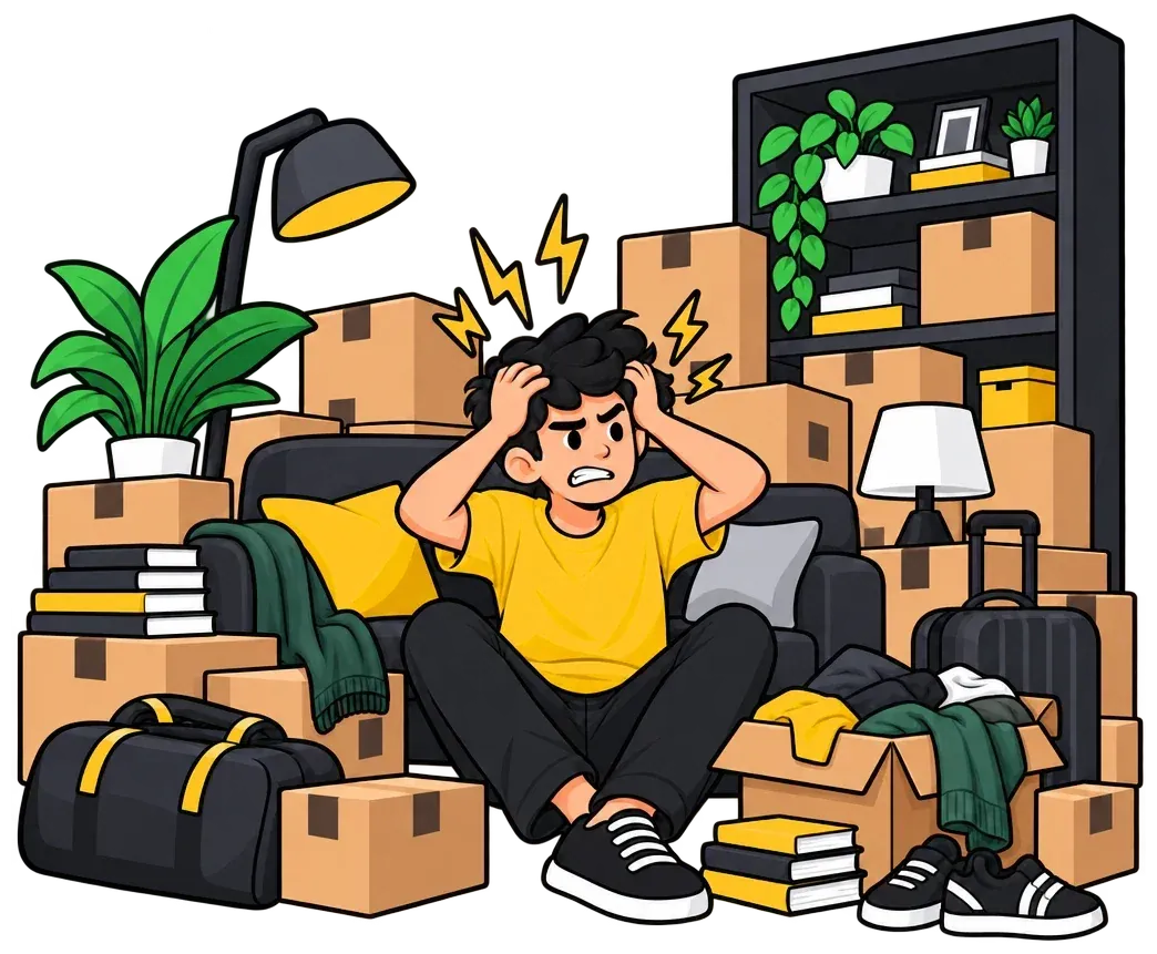 A stressed man sits holding his head on a sofa, surrounded by stacked boxes, bags, books and a suitcase.