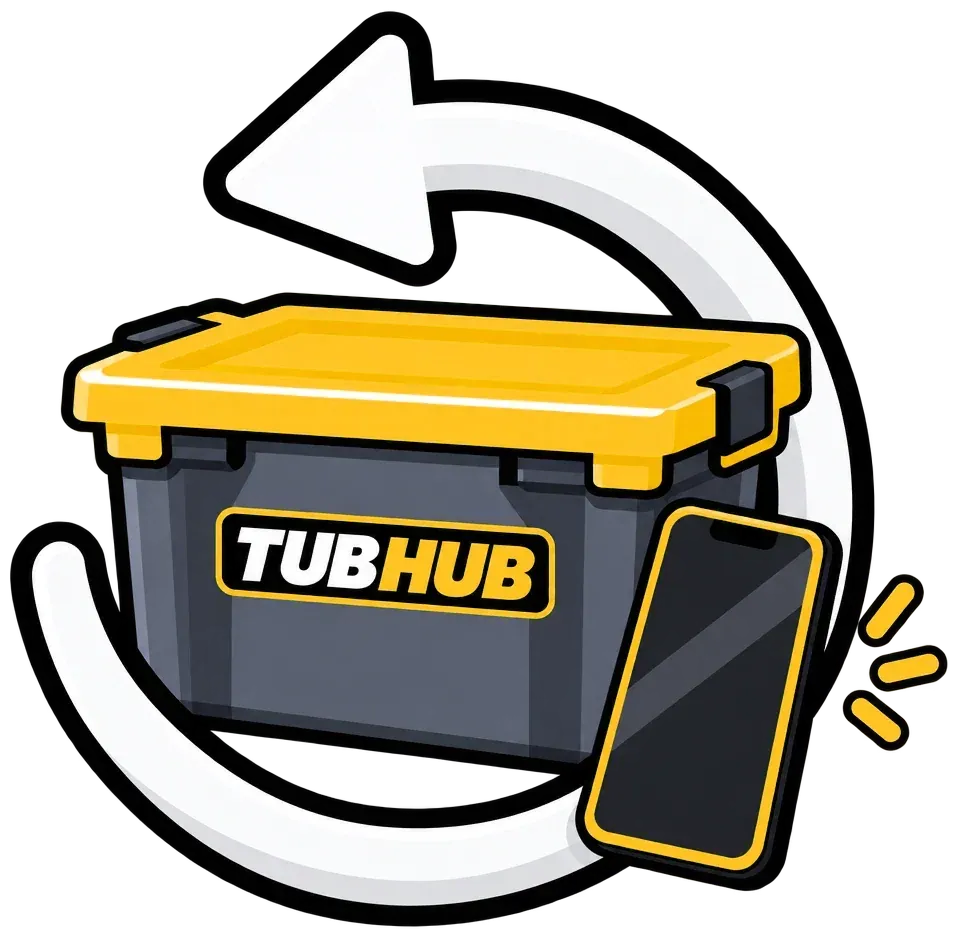 A TubHub tub and a phone circled by a return arrow.
