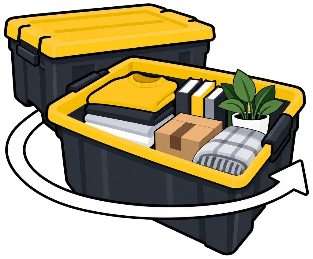 Two packed TubHub tubs with clothes, books and a plant.