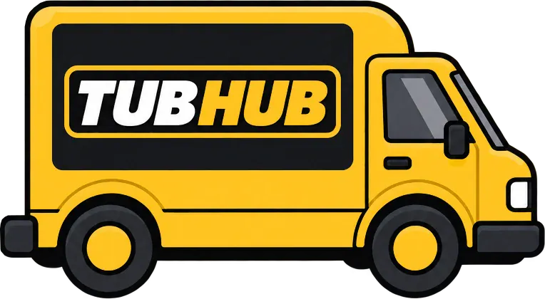 The yellow TubHub delivery van, side on.