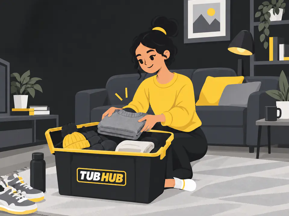 A woman kneels on her living-room rug, packing folded clothes and a beanie into an open TubHub tub.