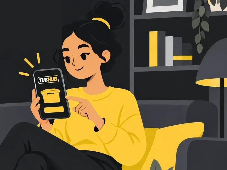 A woman on her sofa taps the TubHub app on her phone.