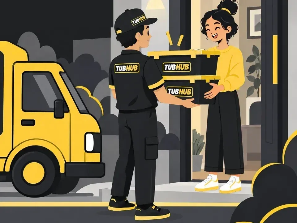 A driver hands a stack of TubHub tubs to a customer at her door, the van parked behind.