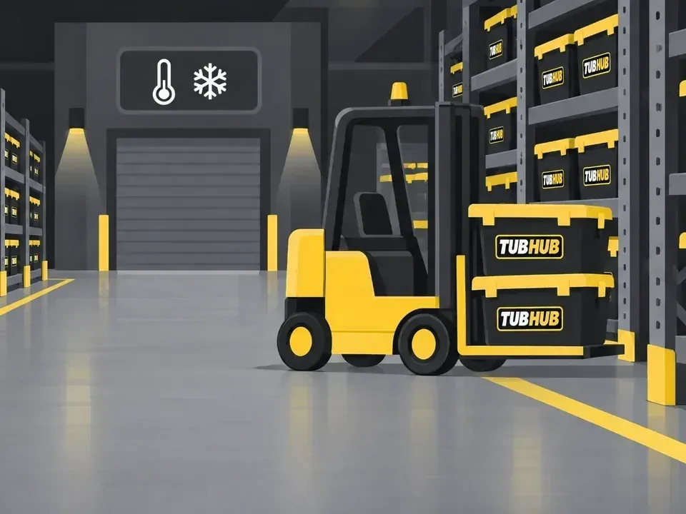 TubHub tubs on racks and a forklift inside a climate-controlled warehouse.